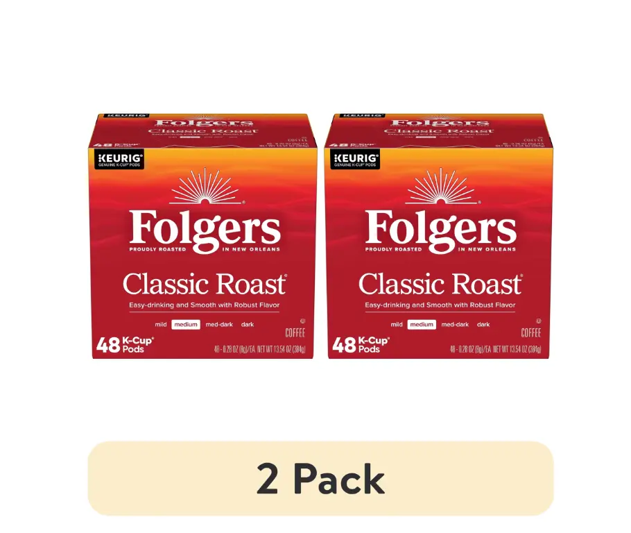 (2 pack) Folgers Classic Roast, Medium Roast Coffee, Keurig K Cup Pods, 48 Count Box