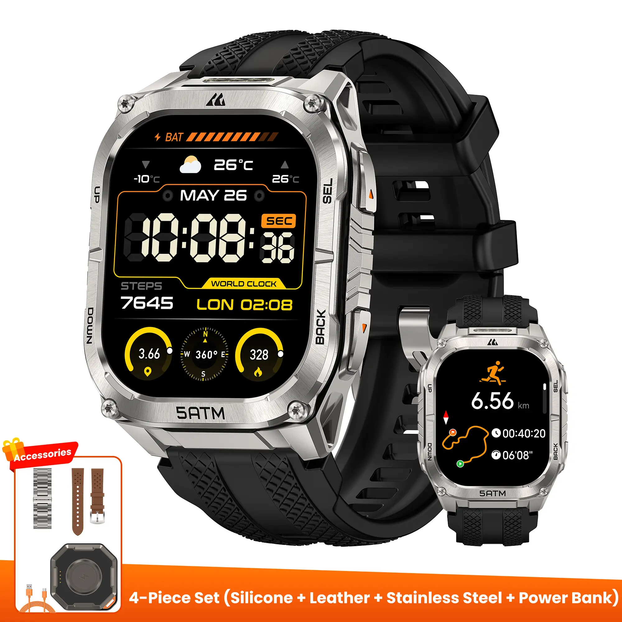 Silver+ Stainless Steel+ Leather Strap+Power Bank