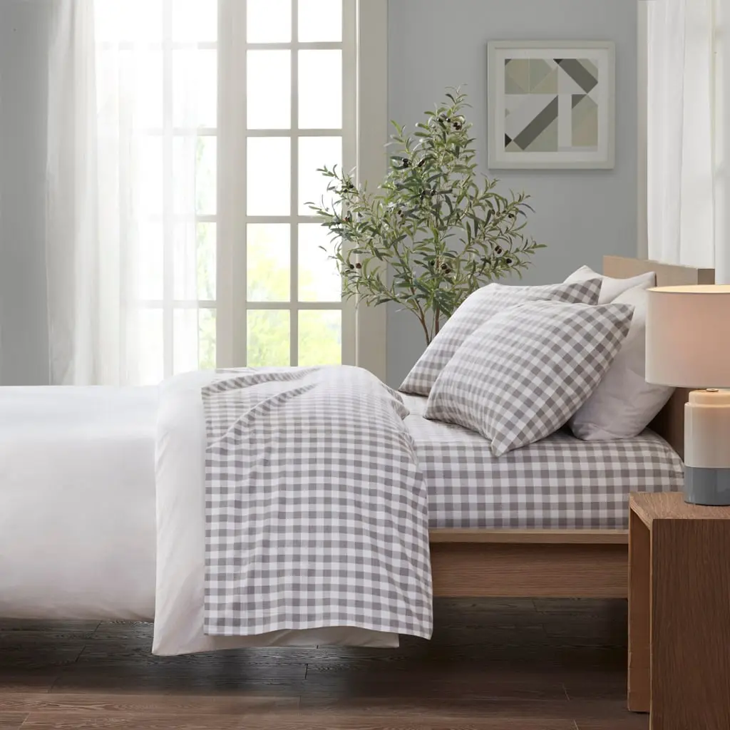 True North by Sleep Philosophy TN20-0572 90 x 102 x 0.13 in. Cozy Cotton Flannel Printed Sheet Set, Gray Herringbone Check - Queen Size