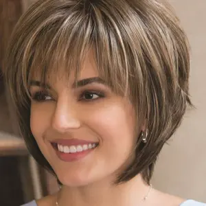 Black Friday Sale Short Hair Wigs with Bangs,Dark Brown Mixed Blonde Pixie Cut Wig, Women Straight Synthetic Fiber Wigs