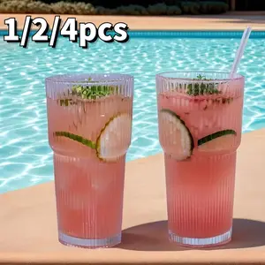 Striped Transparent Glass Cup Set, Lid Straw Water Cup, Juice Cup, Milk Cup, Beverage Cup, Beer Cup, Wine Cup, Heat Resistant Coffee Cup, Drinkware, Glass Water Tumbler