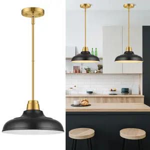 Black and Gold Pendant Light, 12" Matte Black Pendant Lights Fixtures Adjustable Rod Gold Modern Hanging Lighting,for Kitchen Island Dining Room Bar Restaurant Sink Entrance