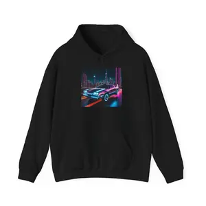 Neon City Retro Muscle Car Hoodie, Urban Streetwear, Vintage Car Lover Gift, Unisex Sweatshirt, Retro Cityscape, Night Skyline Jumper
