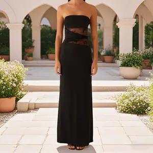 Women's Summer Long Tube Dress Sheer Lace Patchwork Sleeveless Strapless Backless Bodycon Ankle Length Dress