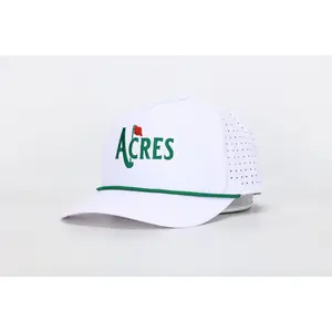 Acres Down South Vintage 5-Panel Cotton Rope Golf Hat - White/Green, Embroidered Logo, Laser Perforation, Casual Fashion Accessory