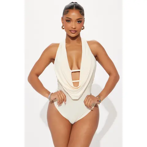 Forever Hot Cowl Neck Halter Bodysuit - Cream