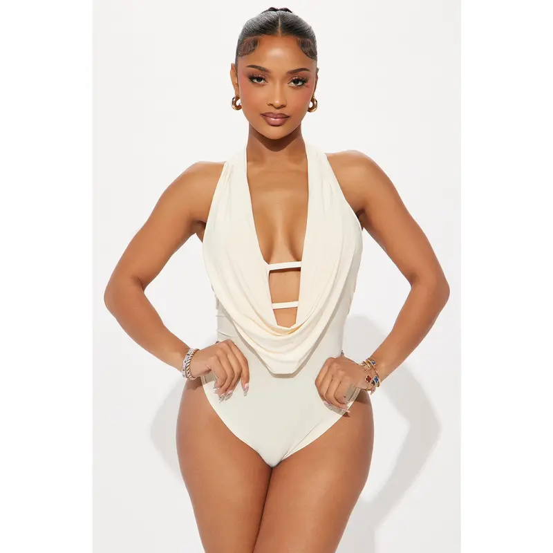 Forever Hot Cowl Neck Halter Bodysuit - Cream