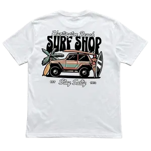 [1][vintage t shirts]Men's Retro Surf Shop Graphic T-Shirt - Huntington Beach Surf Shop Design with Vintage Van & Surfboard, Breathable Round Neck Short Sleeve, Casual Comfort Fit for All Seasons, Surfing Shirts[funny graphic tee] Y2K Beach Streetwear Sum
