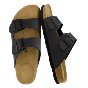 CUSHIONAIRE Lane Cork Footbed Mens Sandals, Adjustable Buckle Comfort Slides for Men Black Nubuck 10