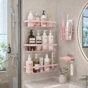 5-Pack Pink Bathroom Accessories Organizer Set, Rust-ProofWaterproof Shower Organizer, No-Drilling Stick-OnInstallation, Large-Capacity Space Saver with Toothbrush &Soap Holder, Minimalist Design,  Giftoutdoorfun