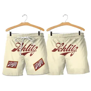 Schlitz Horizontal Text Shorts, Beach Vibes Only 🌊 Hawaiian Print Swim Shorts for Men
