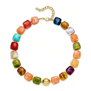 Vibrant Boho Chunky Beaded Necklace for Women Multicolor Large Square Resin Beads Adjustable Choker Statement Jewelry for Summer Beach Outfits mothers day gift