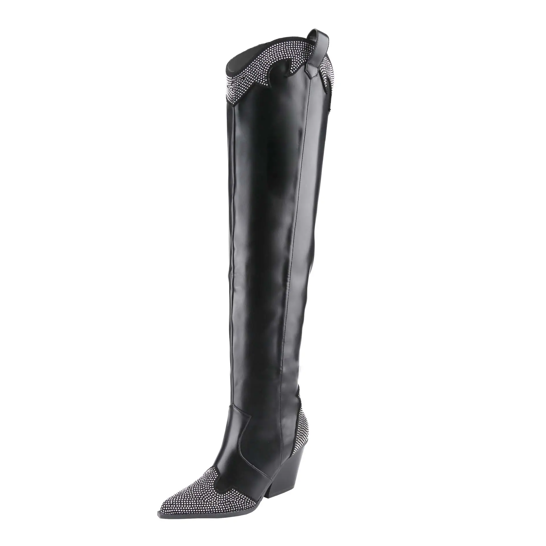 【EVERYWHERE-3】 Unilady Women's Rhinestone Cowboy Boots Western Cowgirl Boots Chunky Heel Pointed Toe Pull-on Over The Knee High Boots Walking Shoes Footwear Shoe Rubber Bridal Onyx Comfort