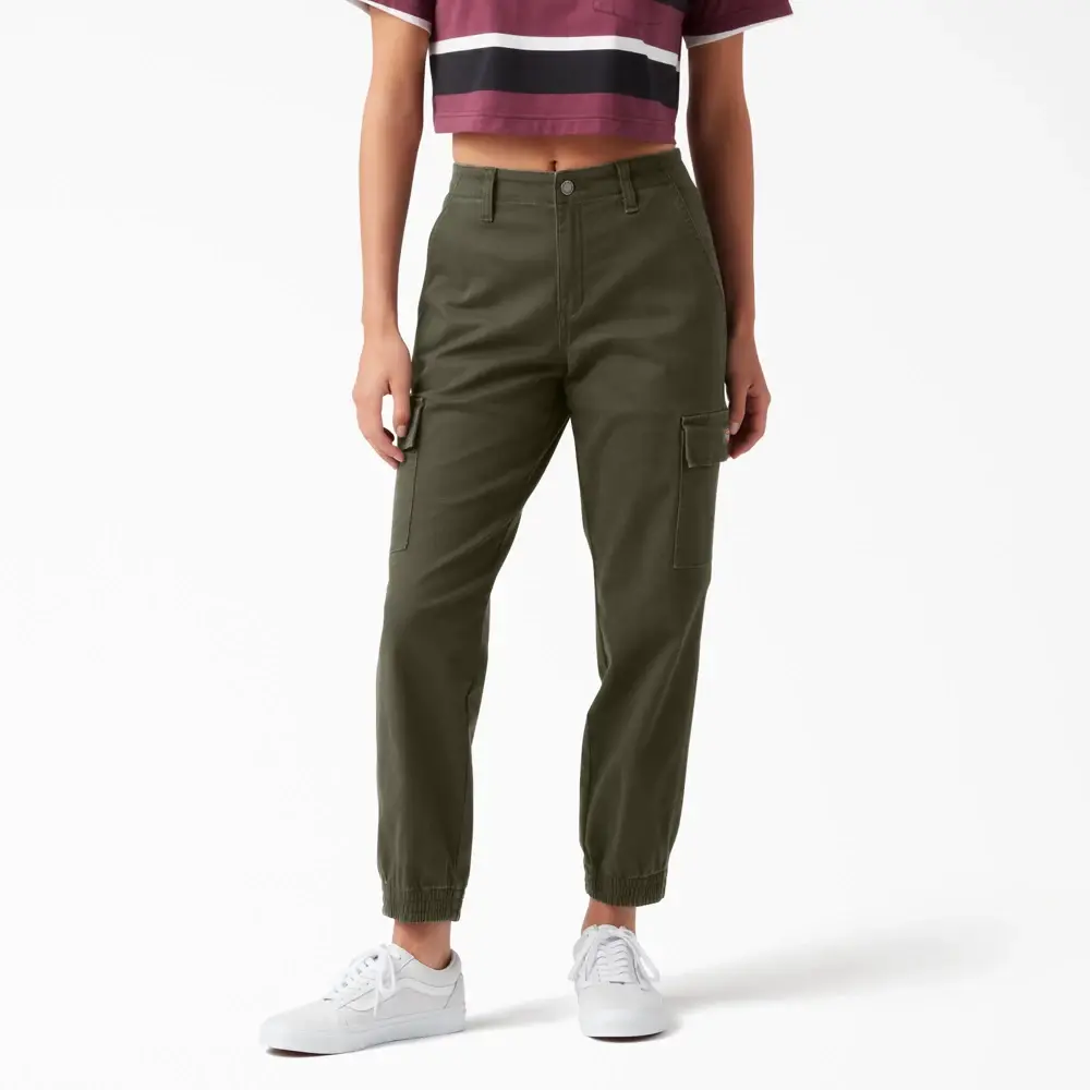 Dickies Women's High-Rise Fit Cargo Pants - Military Green, ML Size, Zipper Detail, Spandex Fabric, Women's Garment Bottom 2626