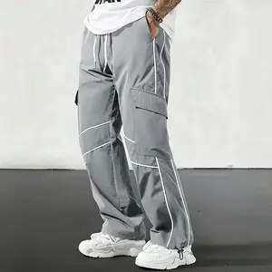 Menswear Loose-Fitted Men's Pants - Men's Functional Casual Trouser with Side Pockets, Elastic Drawstring Waistband, Loose Straight-Leg Long Design polyester fabric