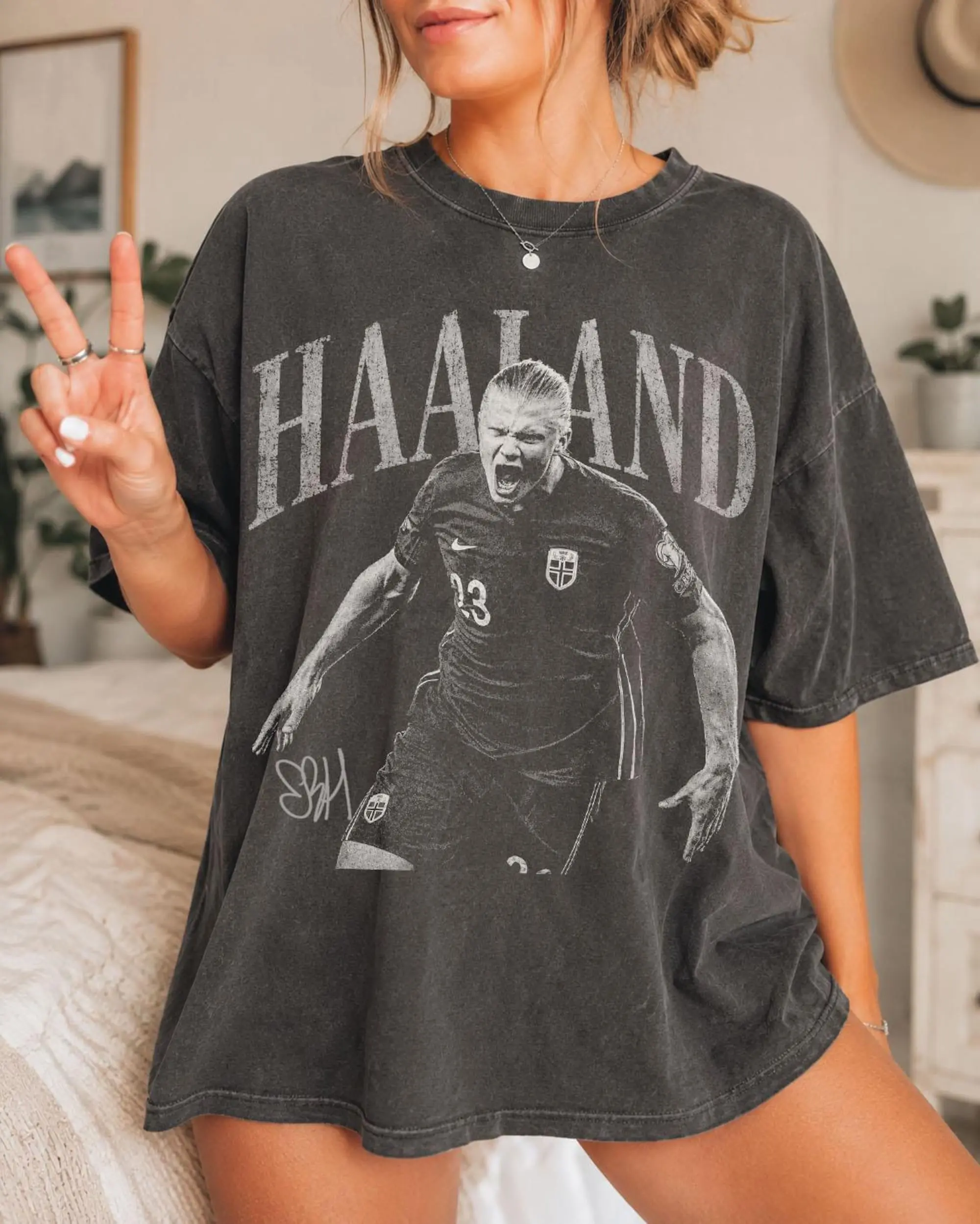 Vintage Haaland Shirt, Retro Soccer Graphic Tee, Black White Football Bootleg T Shirt, Norway Striker Tee