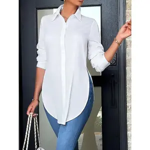 Women'sSolidColorFrontButtonAsymmetricHemSplitCasualLongSleeveShirt,LongSleeveTops