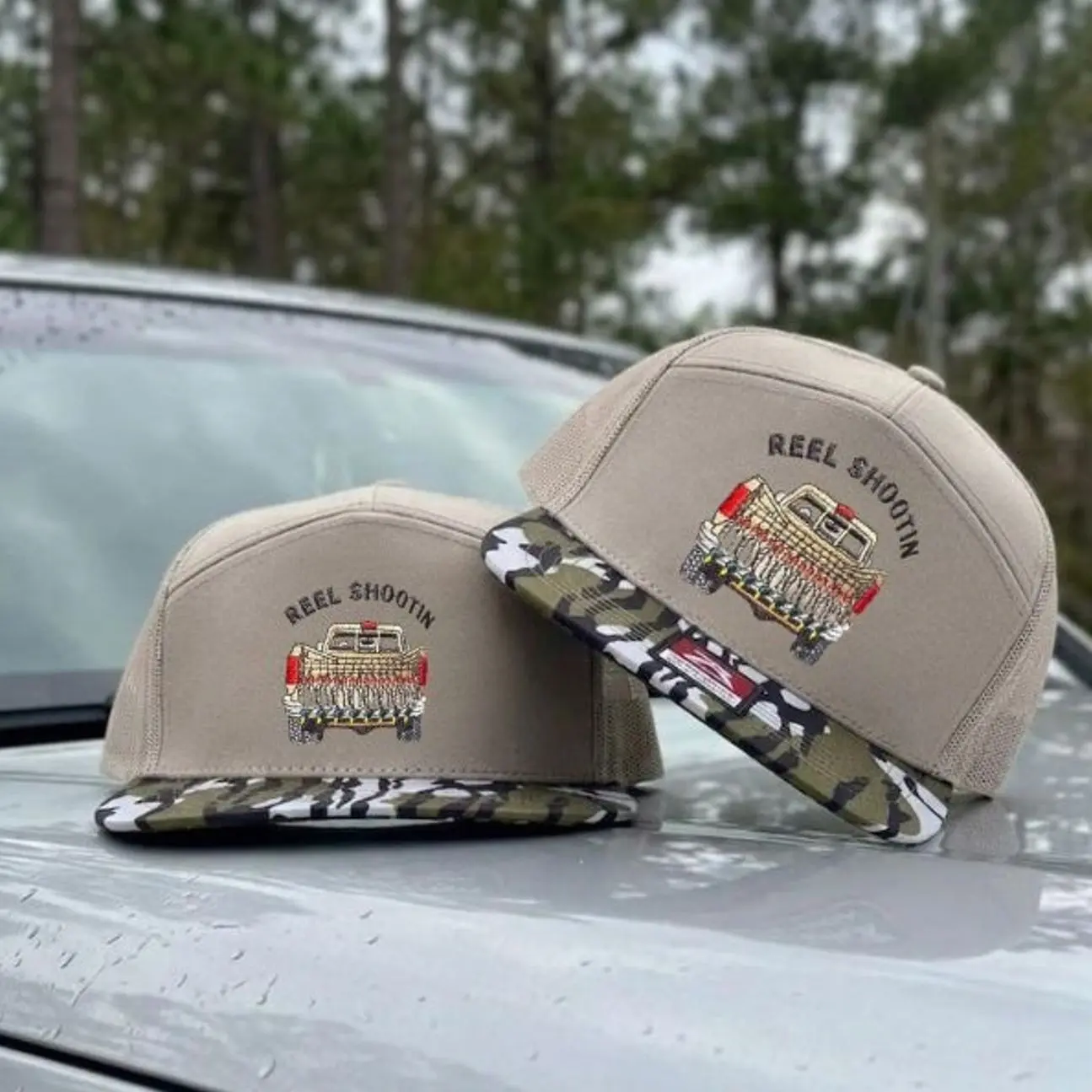 Reel Shootin' Trucker Hat | Camo 7 Panel Mesh Snapback | Hunting Shooting Outdoor Hat for Men