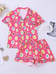 Women's 2-Piece Hot Pink Tropical Fruit Print Pajama Set, Fresh Vacation Style Loungewear with Green Piping, Short Sleeve Lapel Top with Small Pocket & Elastic Waist Shorts, Soft Comfy All-Season Casual Sleepwear for Ladies Womenswear Pjs