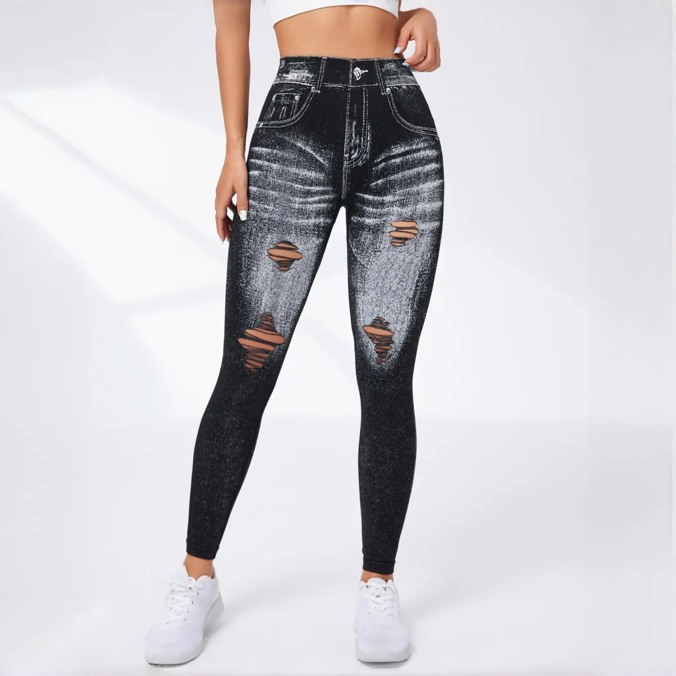 Hijesse Vintage Washed Blue Jeans for Women, Ripped Distressed Design, High Elastic Skinny Fit, Retro Denim Long Pants, Casual Daily Streetwear Outfit