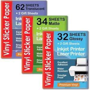 Printable Vinyl Sticker Paper Matte for Inkjet Printer 34 sheets + Translucent Clear Sticker Paper 62 Sheets +  Printable Vinyl Sticker Paper Glossy 32 Sheets