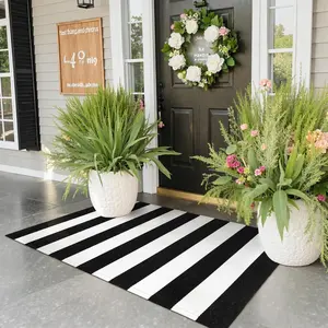 Black and White Outdoor Striped Rug 24"x 51", Cotton Woven Front Porch Rug Decor,Washable Front Door Rugs,Farmhouse Layered Door Mats Outdoor for Entryway Entrance
