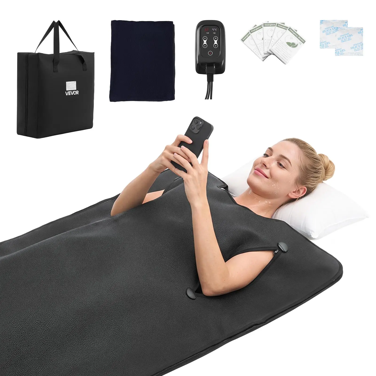 VEVOR Infrared Sauna Blanket with Armholes, 71x35 in Portable PU Leather Heating Wrap, Towel Liner, Temp Control, Timer, Carry Bag, Black for Home Detox & Relaxation