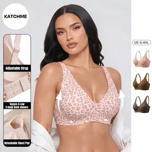 Katch Me Chic Women's Leopard Print Full Coverage Wireless Gentle Support Push-Up Bra, Adjustable Wide Strap Seamless Jelly Support Curves Friendly Bralette, Plus Size Smoothing Bra