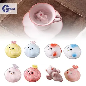 Ceramic Fish Statue Tea Pet Little Fish Spit Bubbles Under Cup Bottom Pink Bubble-Spitting Piggy Ornament Water Cups Decor Gift