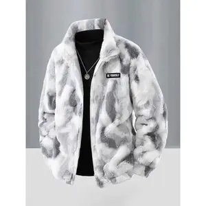 Men's Tie-Dye Faux Fur Jacket, Be Yourself Patch Detail, Full Zip Stand Collar, Warm Comfortable Coat, Winter Casual