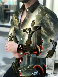 Men's Unique Design Long Sleeve Button Down Collared Print Casual Shirt