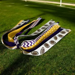 Purple & Yellow Gold Football Glitter Ponytail Ribbon Bow for Girls Hair, Sister Bun Tie