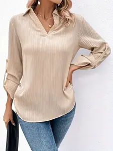 A ladies' khaki collared V-neck shirt Blouse with rolled sleeves, suitable for both work and casual wear, and versatile for various occasions