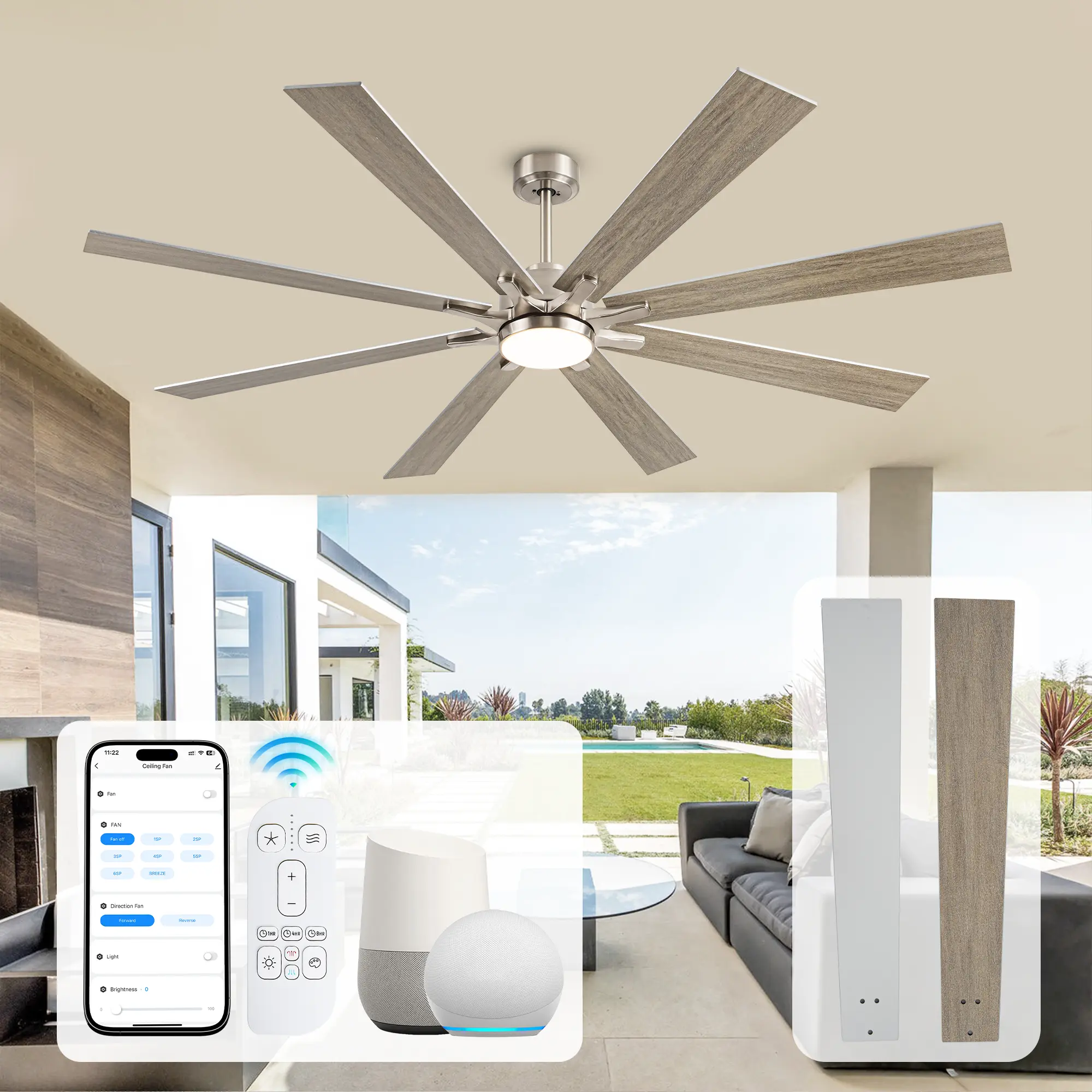 72 Inch Smart Farmhouse Ceiling Fan with Light, Alexa/App/Remote Control, 8 Plywood Blades High CFM Large Ceiling Fan, Reversible Dual-Finish Blades, Quiet DC Motor for Large Living Room, Covered Patio, Indoor Outdoor Use