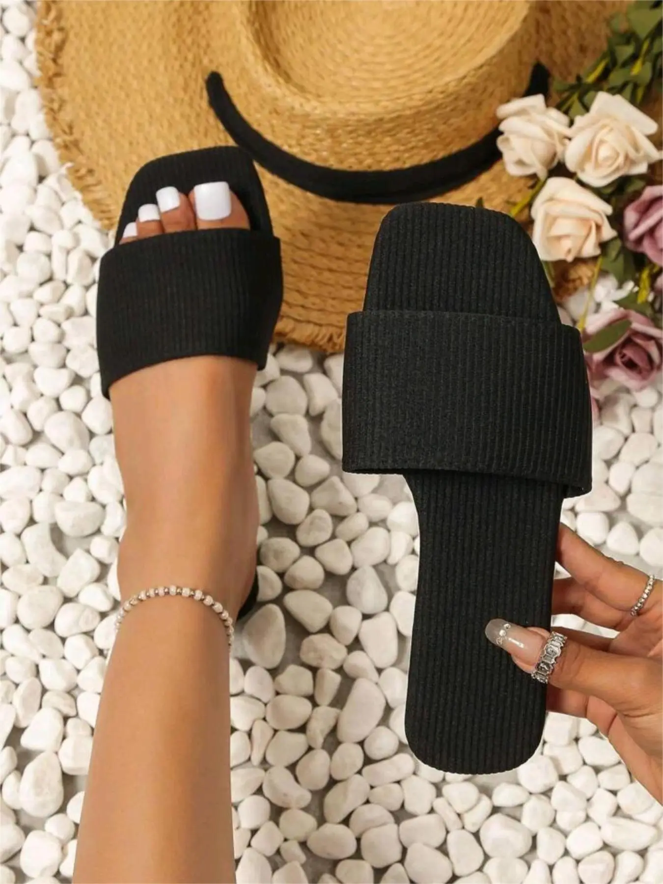 Women's Simple Style Plain Color Slip on Summer Flat Sandals, Casual Trendy Slip on Sandals, Fashionable Shoes for Daily Wear, Girl's Summer Walking S