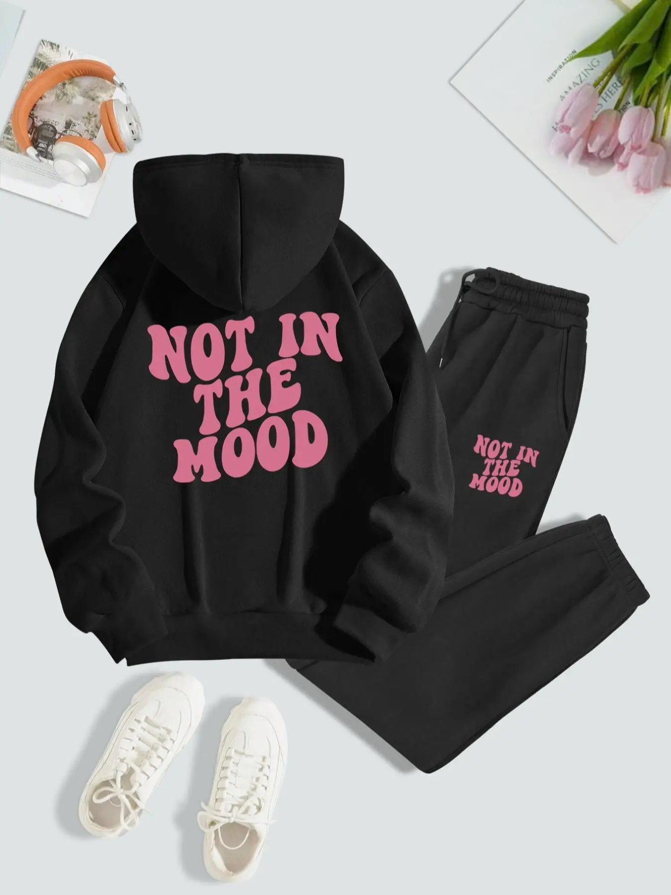 Women's Letter Print Drop Shoulder Hoodie & Drawstring Pocket Sweatpants Set, Long Sleeve Pullover Top & Jogger Pants, Women's Two-Piece Outfits For S