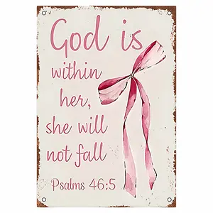 Vintage metal iron sign with pink bow and inspirational Bible verse “God is within her; she will not fall” — rustic 8×12 inch indoor/outdoor wall decor for living room, bedroom, office — durable Christian home decor, inspirational wall decor, elegant scri