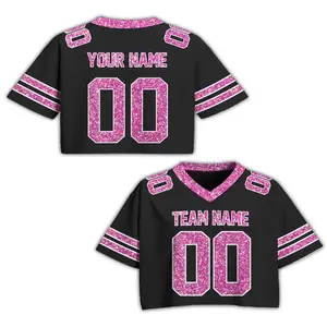 New 2026 Personalize Black Pink Shirt Crop top for Women & Girls, Custom Cheer Football Jersey, Sparkly shirt Glitter Football Tee Concert Outfit