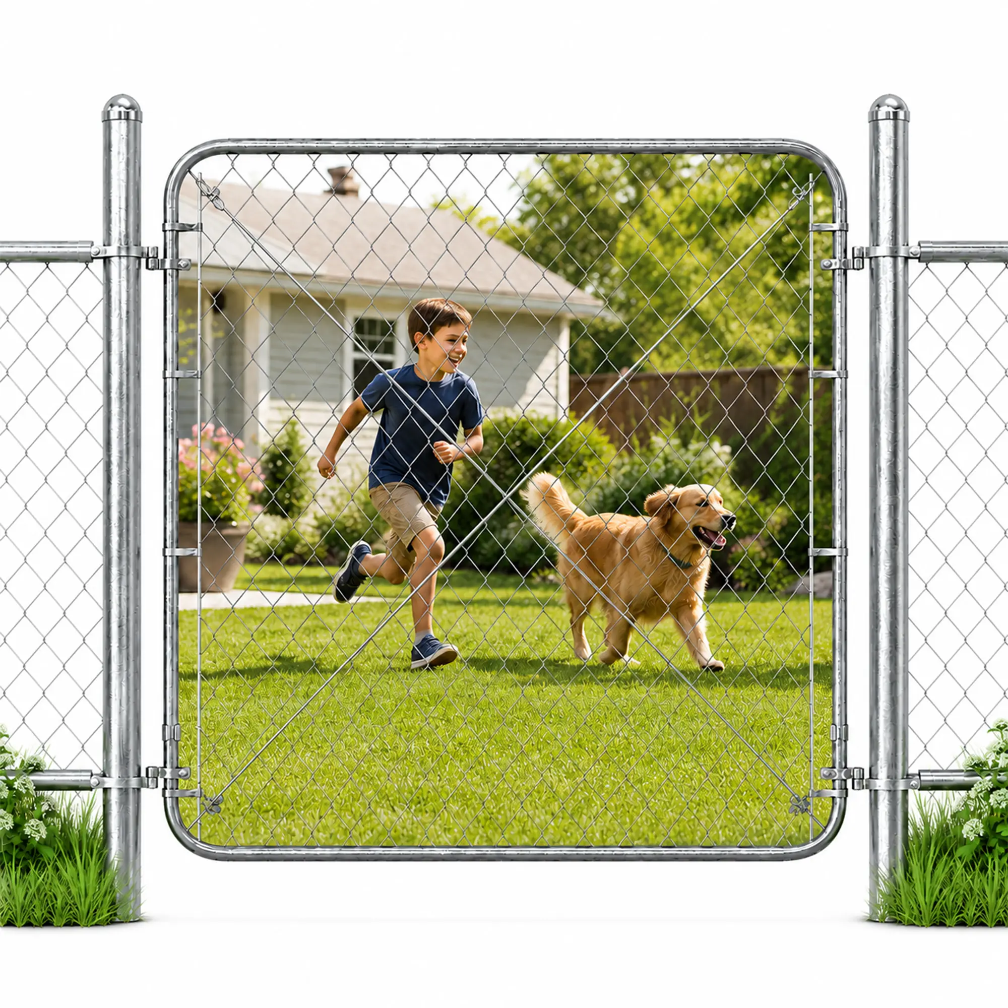 48" H Adjustable Width Chain Link Gate Kit with Posts, 24-72" W Heavy-Duty Outdoor Security Gate for Residential Fence