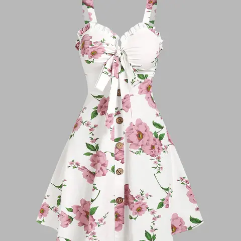 DRESSLILY Women's Cute Knitting Cottagecore A-Line Above-Knee Mini Dress - Breezy Sleeveless Ruffle Straps, Colorful Floral Bow Detail, Polyester Casual Women's Clothes, Party Wear