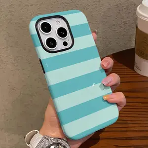 Turquoise & Mint Horizontal Stripes Glossy Phone Case, Slim Hard Shell Cover Compatible with iPhone 17/16/15/14/13/12/11 & Samsung S26/S25/S24/S23/S22/S21, Drop-Resistant, Non-Slip, Fade-Proof, Minimalist Summer Style.