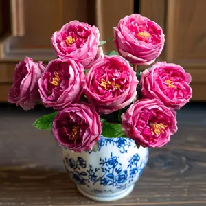 Rose red latex peony flowers 4 pcs real touch 3.5 inch big bloom with stems for wedding bouquet party Valentines arrangement home kitchen decor