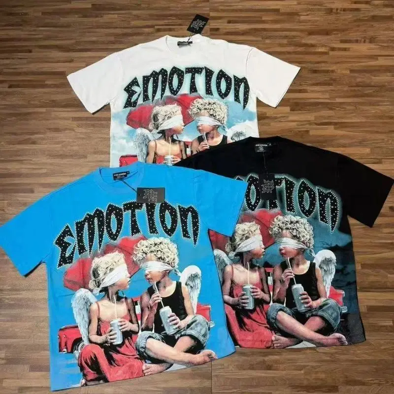 Unisex Streetwear T-Shirt with Mixed Emotion Angel Graphic and Embroidered Diamonds, Loose Fit Short-Sleeve Round Neck, Shortsleeve, Tshirt, Top, Angel Print, Tops, Embroidery