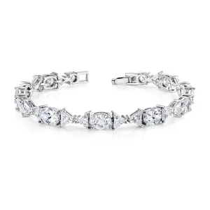 Oval and Triangle Cut CZ Rhodium Plated Tennis Bracelet, Multi Shape Cz Bracelet, Cz Bracelet, Brass Bracelet