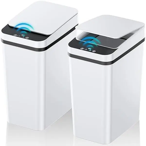 2.4gal Plastic Touchless Trash Can with Lid - Slim Small Waterproof Motion Sensor Bin, Odor Control, for Bedroom, Bathroom, Powered by 2 AA Batteries (Not Included)