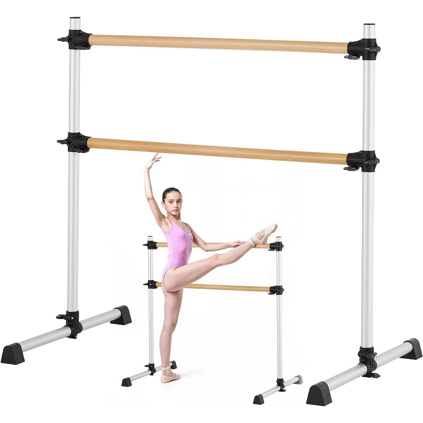 VEVOR Freestanding Portable Ballet Barre - 4ft Aluminum 2 Bars with Aluminum Tube, 6.7-46in Height-Adjustable, Anti-Wobble Floor-Safe Fitness Equipment for Home/Studio Ballet Stretching, Two Bars