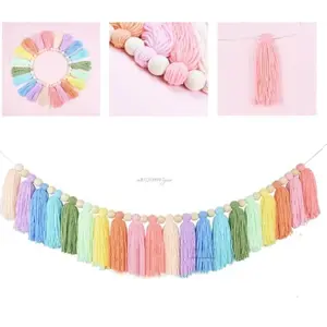 Rainbow Tassel Garland Bohemian Colorful Wood Beads Tapestry Macrame Wall Hanging Decorations Banner Bedroom Party Home Decor
