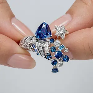 Jzora Asymmetrical Starburst Tassel Sapphire Statement Ring | Eye-Catching Fashion Ring for Women