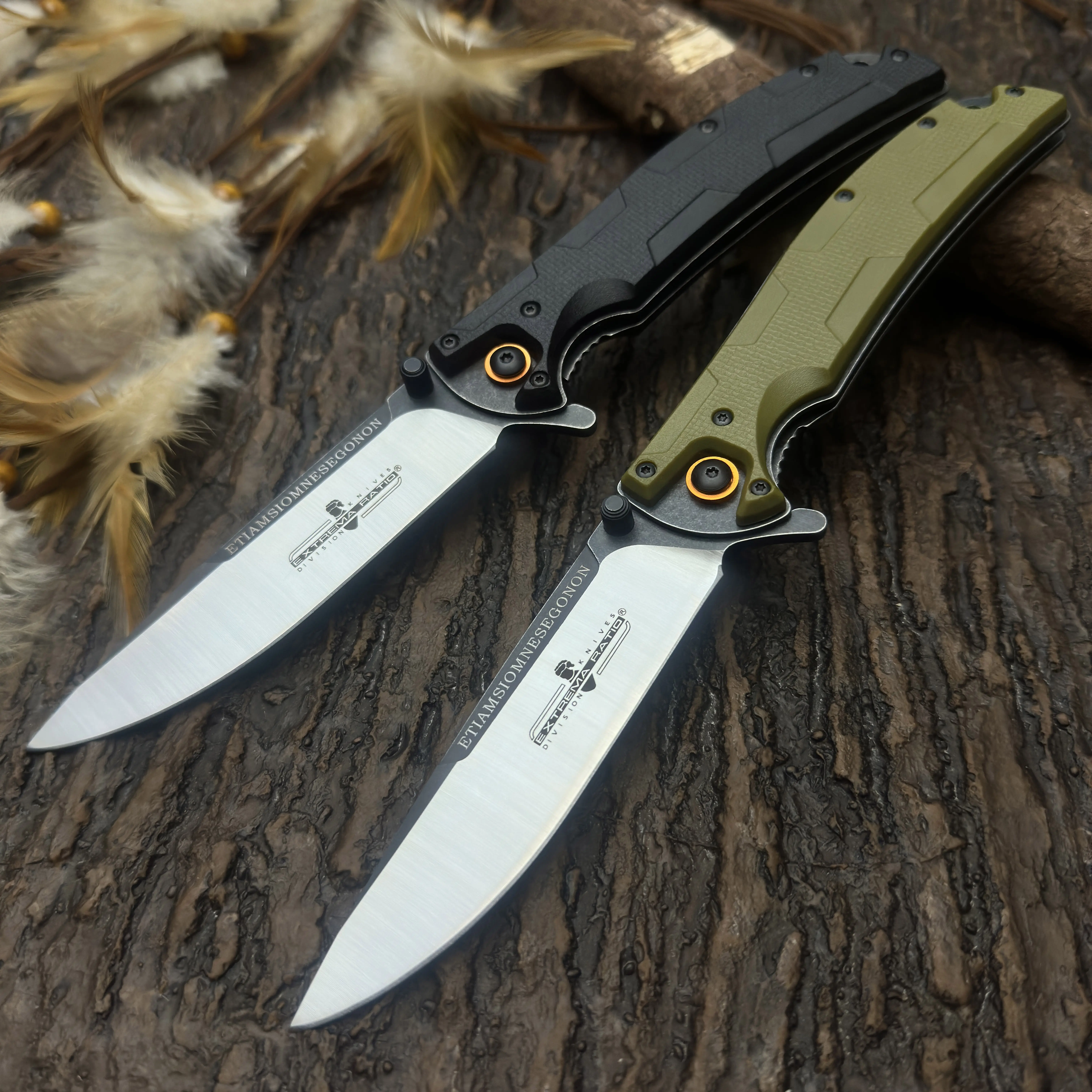 2 Pack Portable Folding Office Utility Cutting Knives, High Carbon Steel Blades, Anti-Slip Textured Handles in Black & Olive Green, Compact Pocket Cutter for Paper, Packages & Daily Office Use, Two-Piece Set, 2 Cutters