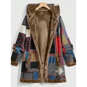 [PlusSize]PatchworkPrintPocketThermalLinedHoodedCoat,CasualLongSleeveOpenFrontOuterwearforFall&Winter,Women'sClothesforDailyWear
